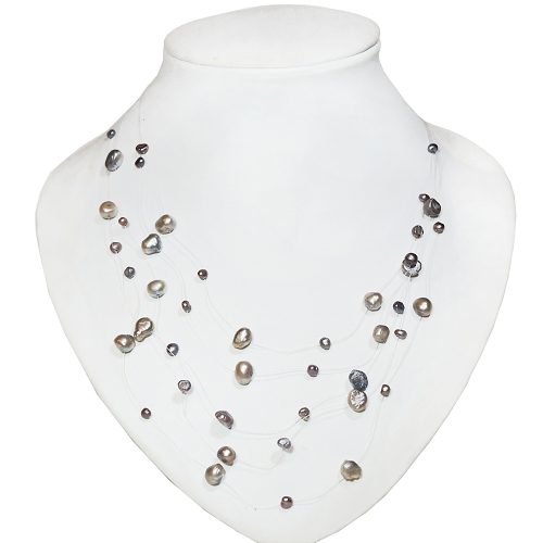 5 reihige Perlenkette echte Perlen Halskette Süßwasserperlen grau 4107 - zum Schließen ins Bild klicken